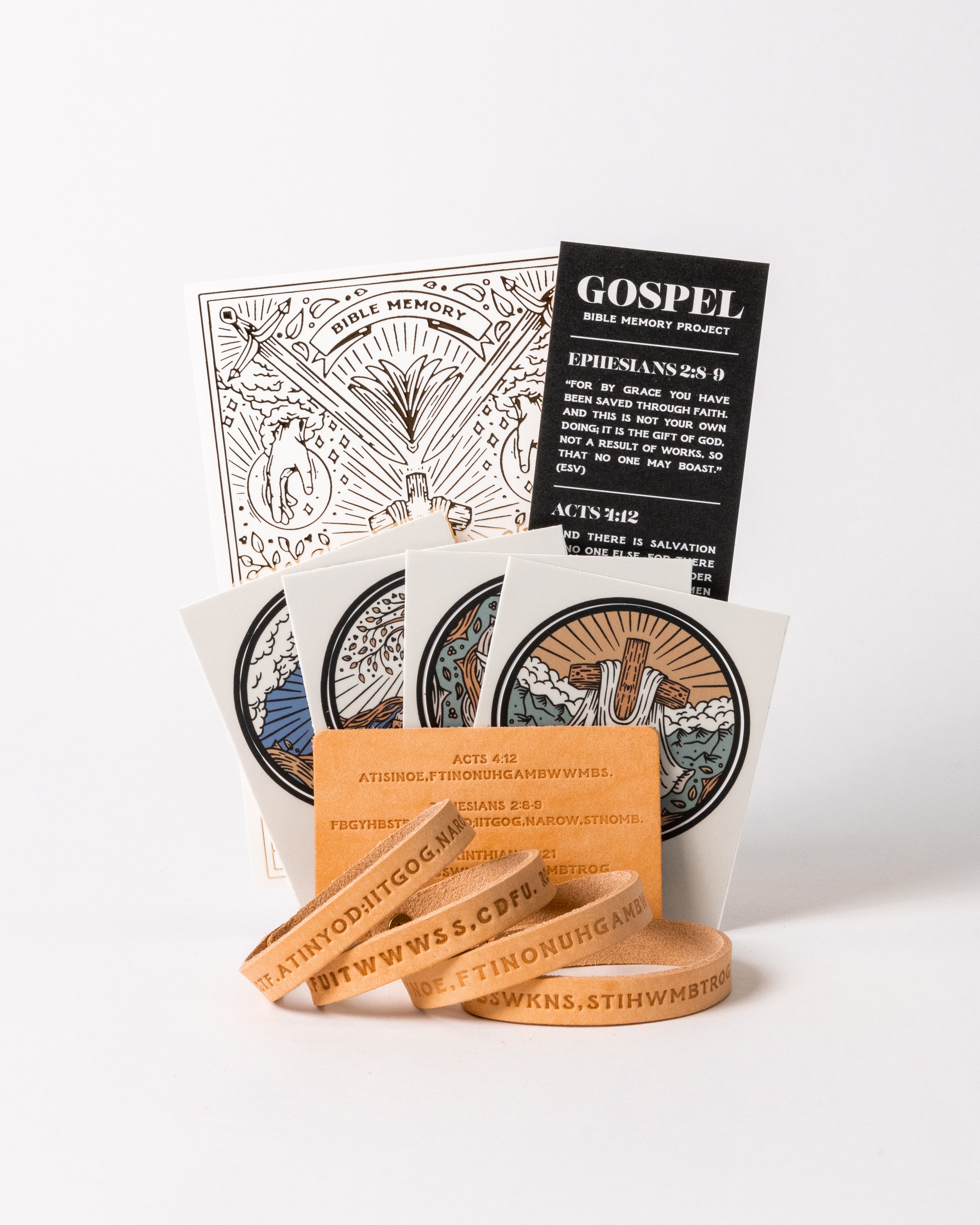 Bible Memory Project materials from the premium leather Gospel project with light leather