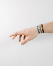 A hand with four Bible memory project wristbands on reaching to the left