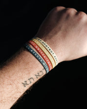 Four Bible Memory Project wristbands on a wrist