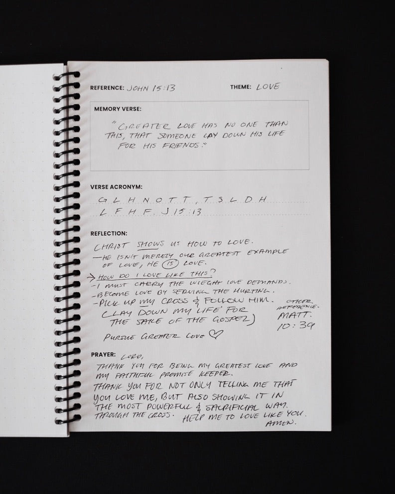 Bible Memory Project journal writing page with notes written out
