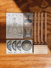 Flat lay of the Bible Memory Project materials from the premium leather Gospel project with light leather
