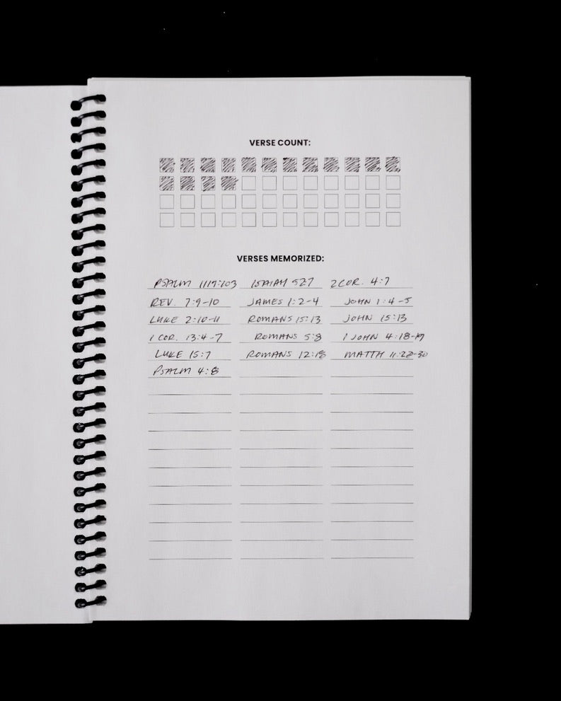Bible Memory Project Journal verse tracker page with some verses filled in