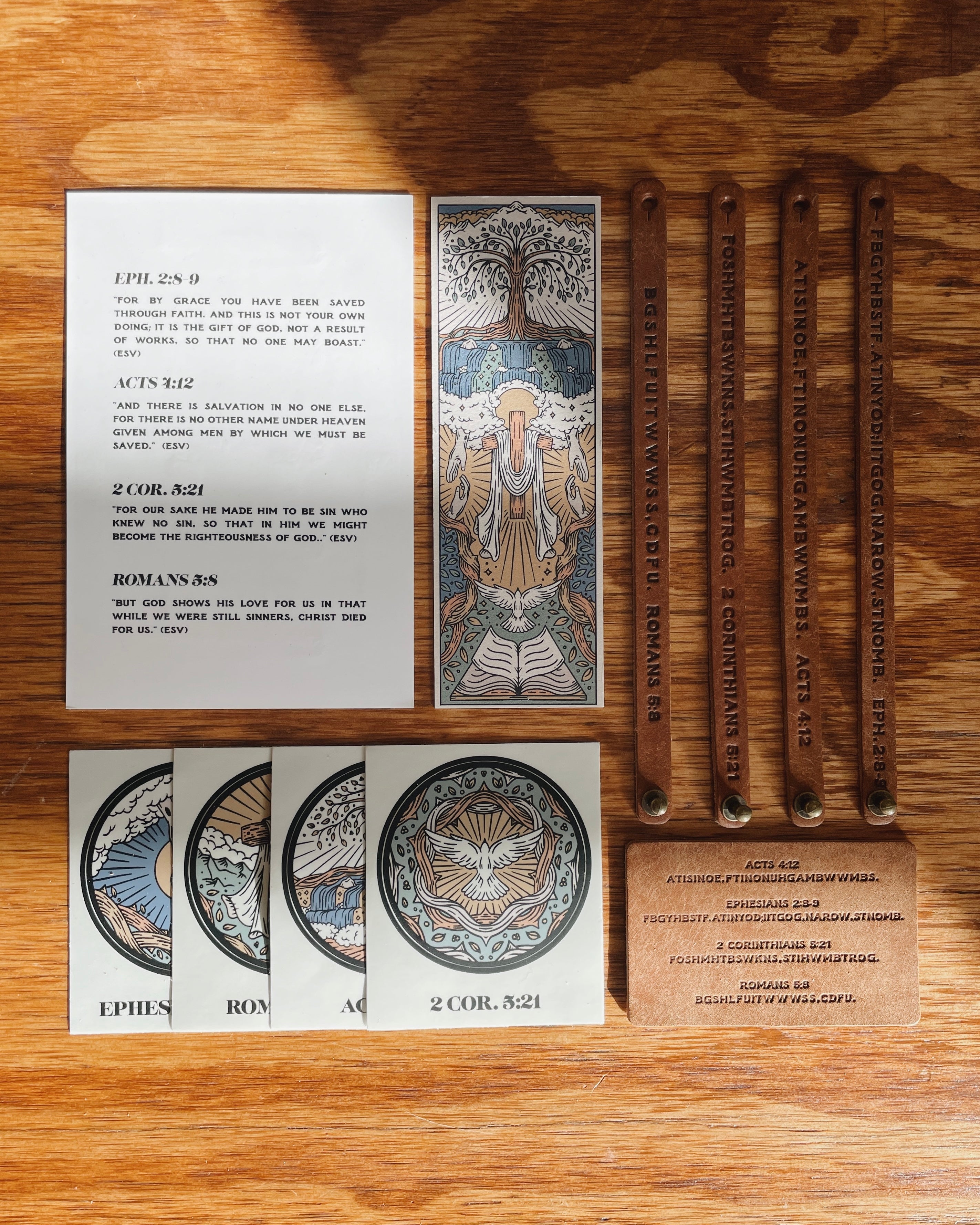 Flat lay of the Bible Memory Project materials from the premium leather Gospel project with dark leather