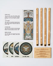 Flat lay of the Bible Memory Project materials from the premium leather Gospel project with light leather