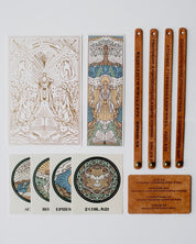 Flat lay of the Bible Memory Project materials from the premium leather Gospel project with dark leather