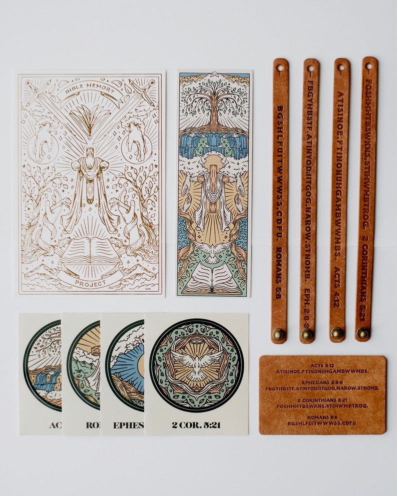 Flat lay of the Bible Memory Project materials from the premium leather Gospel project with dark leather